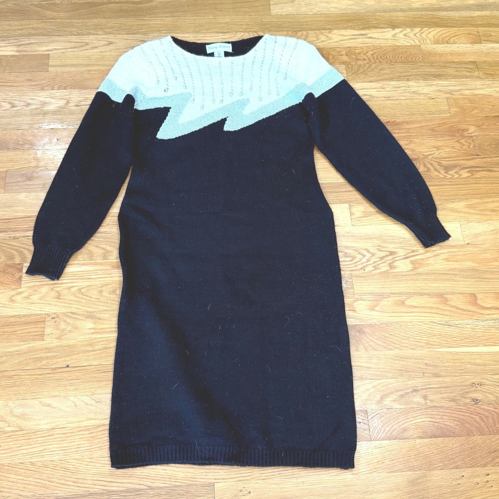 Betsy Lauren Vintage Beaded Colorblock Knit‎ Sweater Dress Black White Silver M